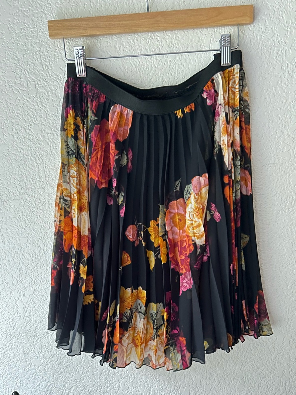 Worthington Black Floral Pleated Skirt with Pink and Yellow Blooms